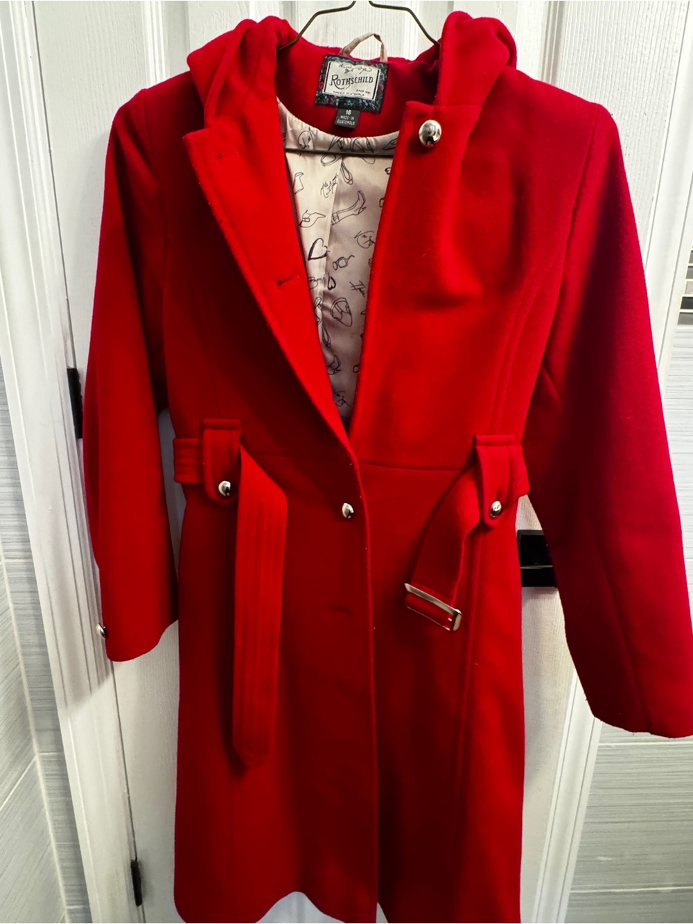 Rothschild Girls XL 16 Red Wool Blend Hooded Belted Coat